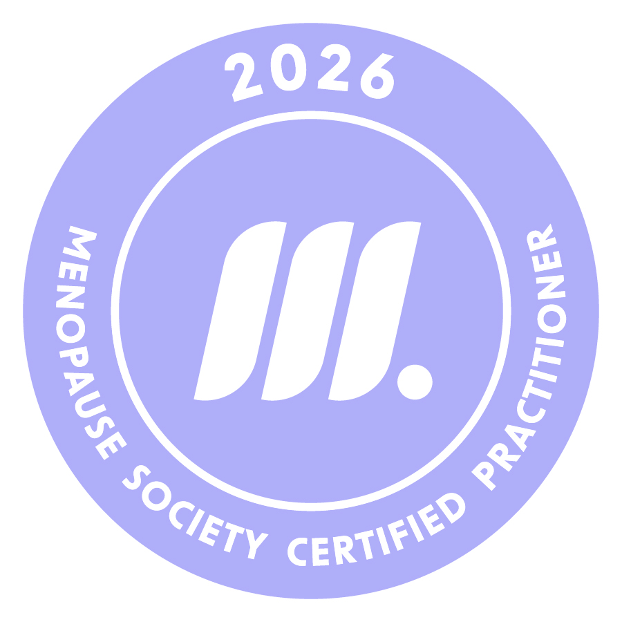 Circular badge with the text “2026” at the top and “MENOPAUSE SOCIETY CERTIFIED PRACTITIONER” curved along the bottom, surrounding a stylized letter “M” logo.